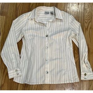 Chicos Ivory Button Shirt With Thin Blue & Brown Stripes Pearlescent  Button 0
